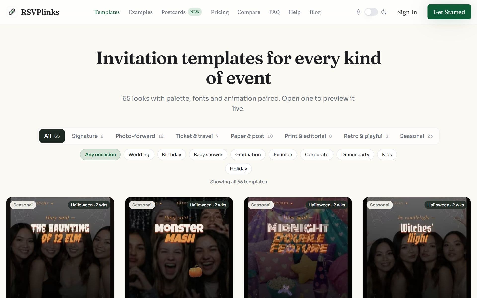 The RSVPlinks template gallery with style tabs, occasion filters and seasonal Halloween templates