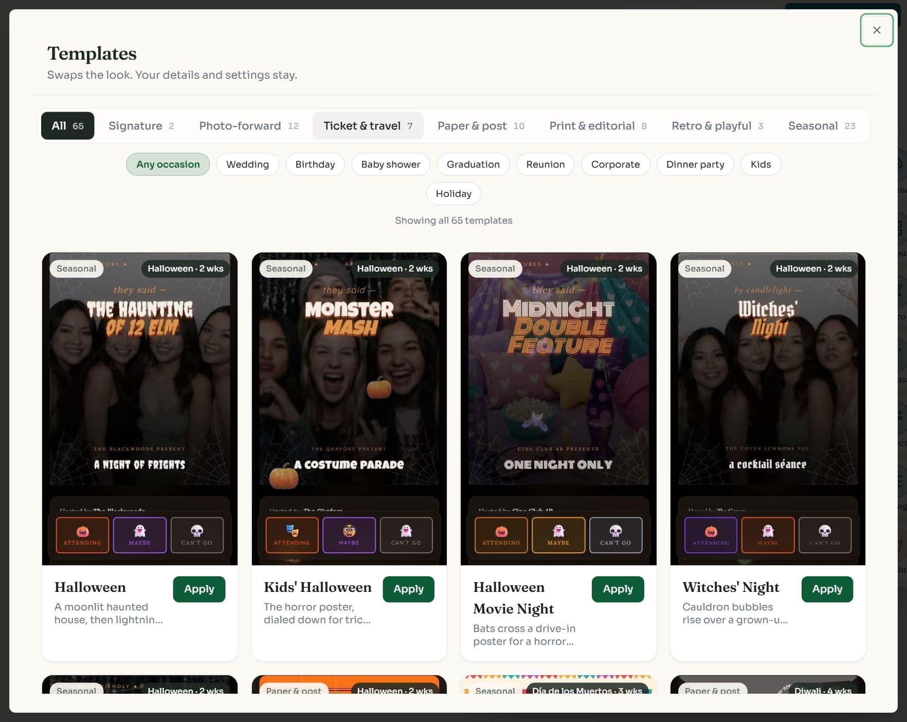 The Templates dialog in the RSVPlinks editor with style tabs, occasion filters and template cards with Apply buttons