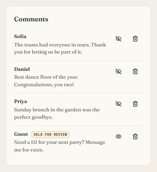 The Comments panel in the thank-you editor listing guest comments, each with hide and delete buttons, and one marked Held for review