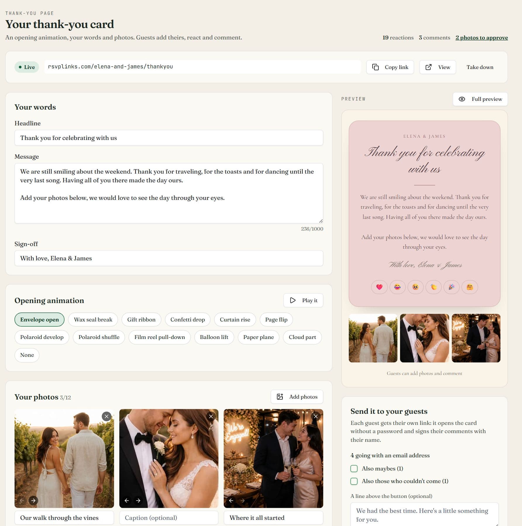 The thank-you card editor with a Live status bar and the card's link, the headline, message and sign-off fields, the opening animation choices, the host's photos with captions and a live preview of the card
