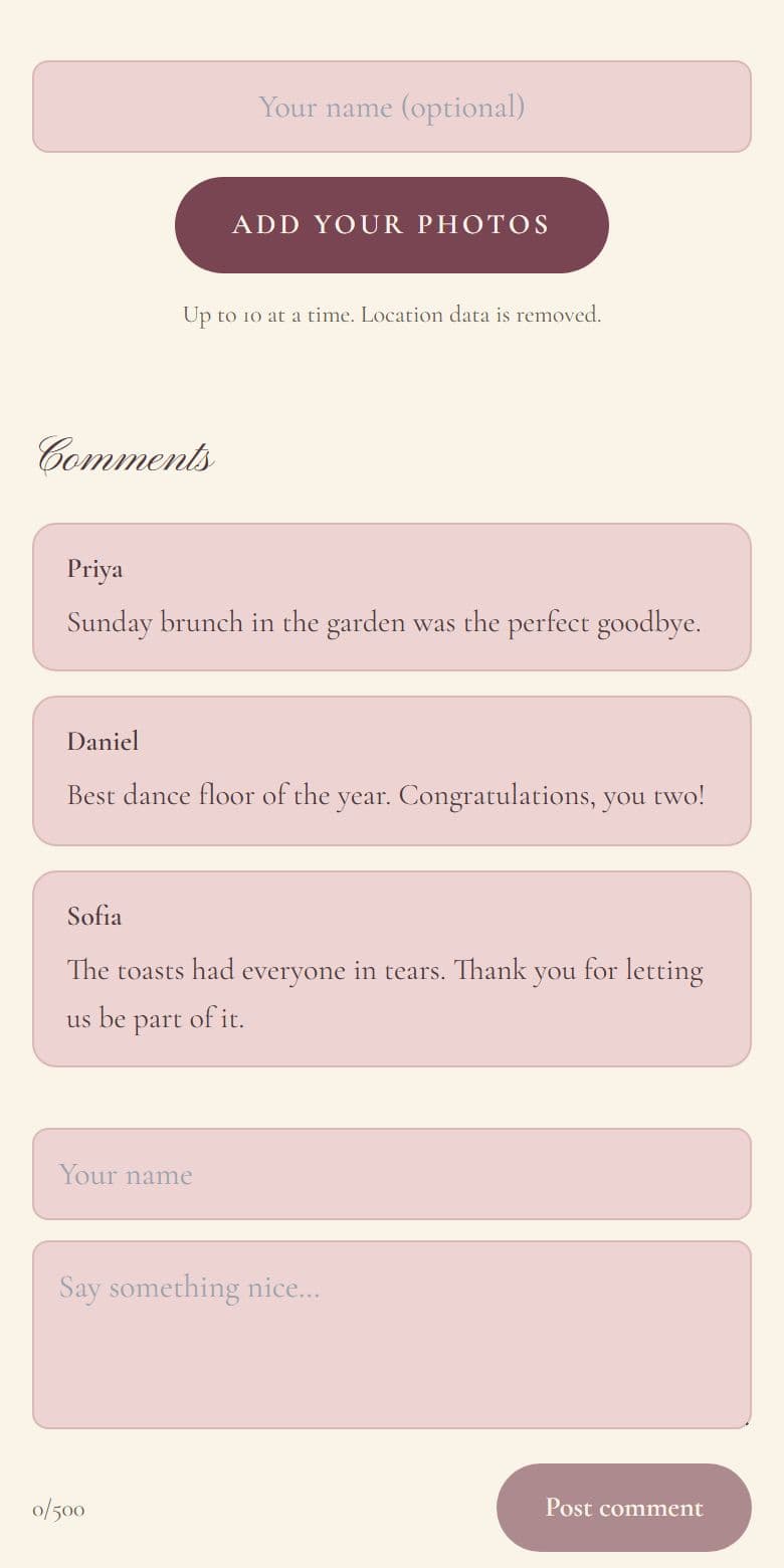 The bottom of a thank-you card on a phone: an Add your photos button, three guest comments and a form to post a comment