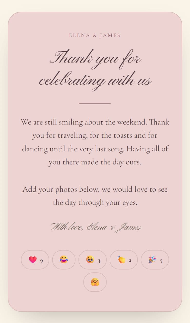 The thank-you card on a phone with the couple's names, the headline, the message, the sign-off and a row of emoji reactions with counts