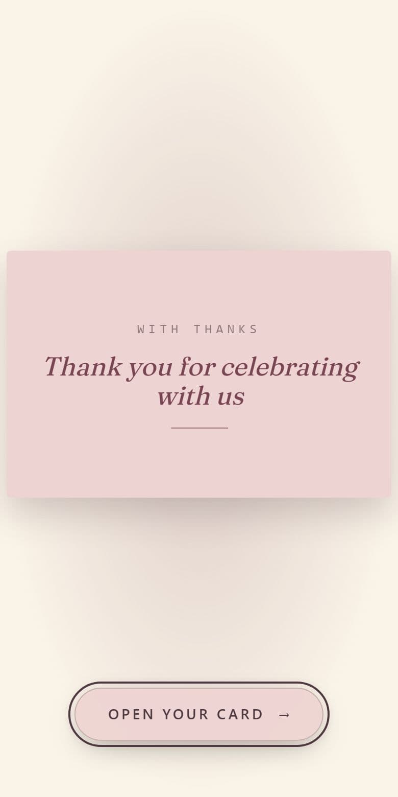 A thank-you card opening on a phone: an envelope animation with the headline and an Open your card button