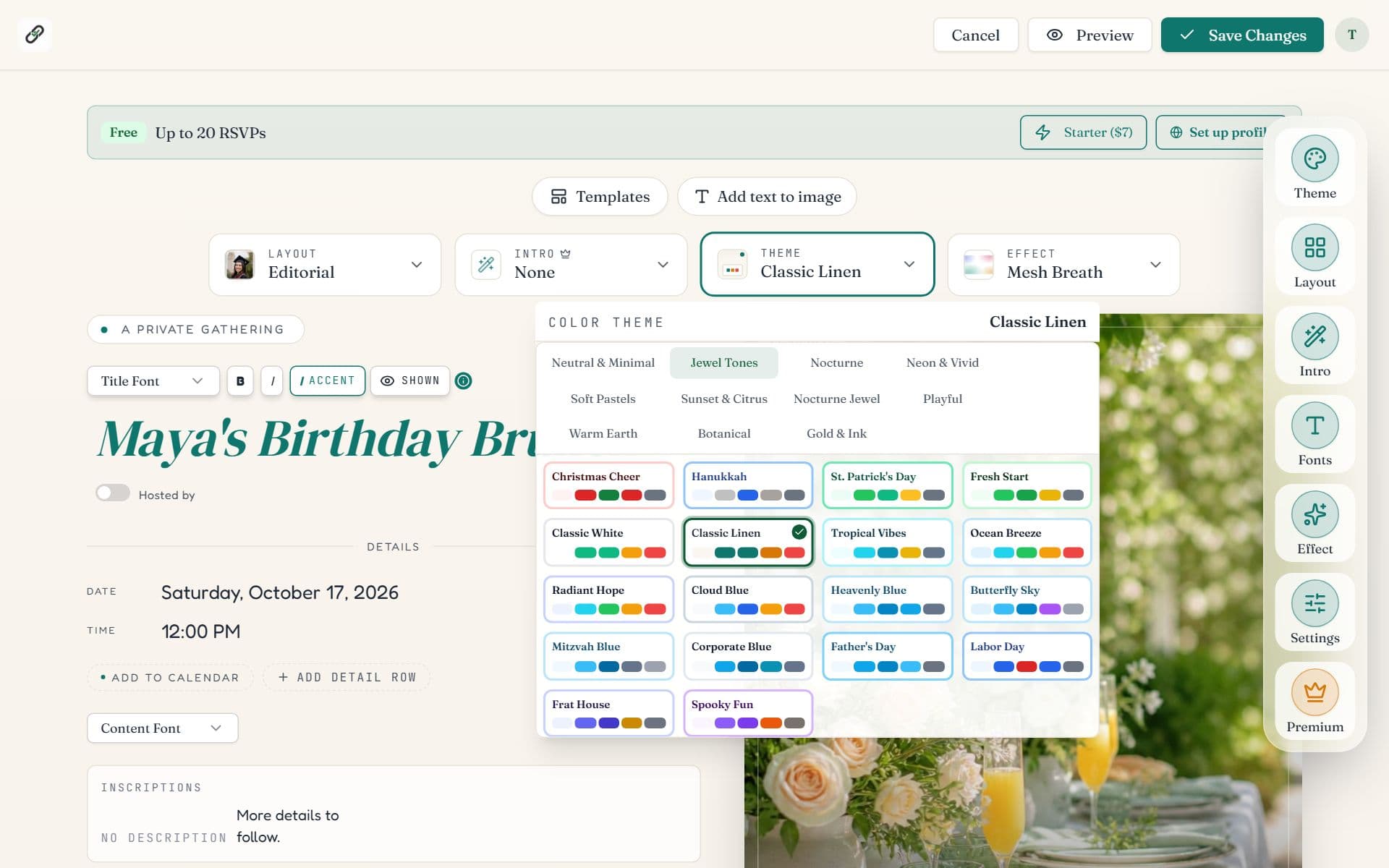 The Color theme picker open in the editor with mood groups and palette swatches