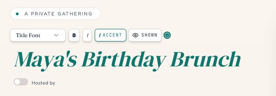 The title controls in the editor: Title Font menu, Bold, Italic, Accent and Shown buttons above the event title