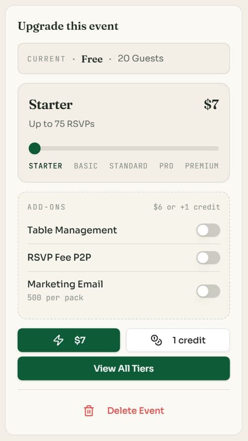 The Upgrade this event card with a plan slider from Starter to Premium, add-on switches and buttons to pay by card or with credits