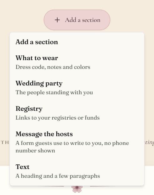 The Add a section menu open below a wedding website in the RSVPlinks editor, listing the section kinds not yet on the page with a line about each