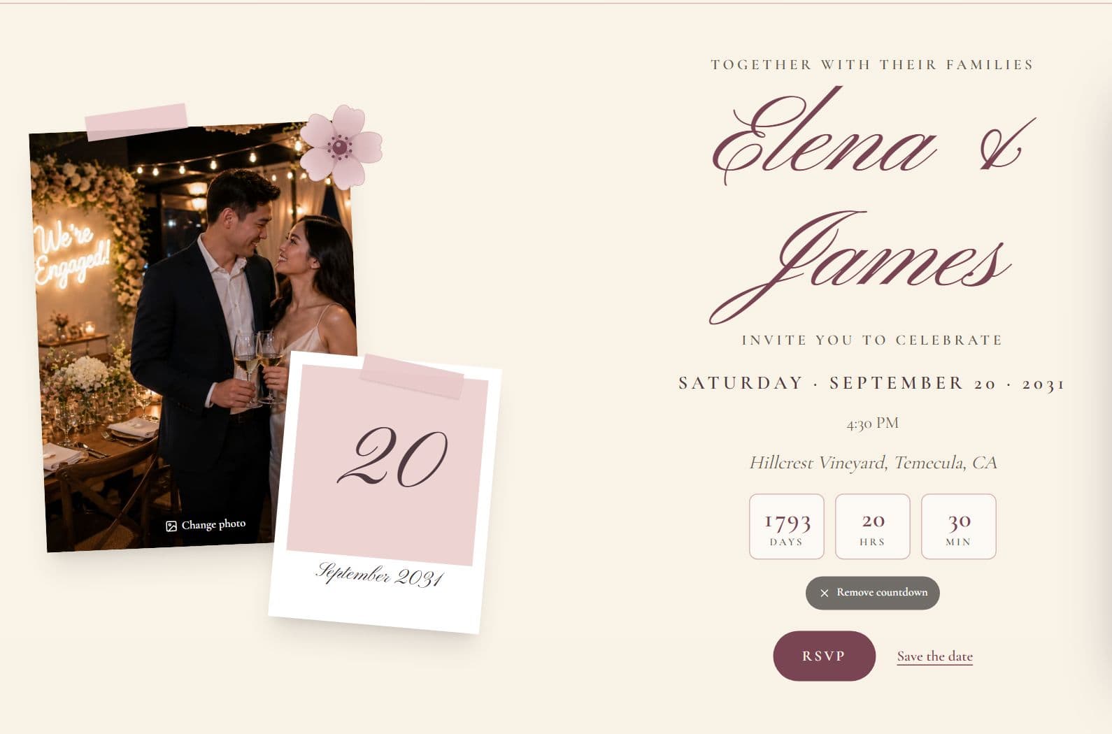 A Rosewater website cover in the editor with a countdown in days, hours and minutes, a Remove countdown button, the RSVP button and a Save the date link