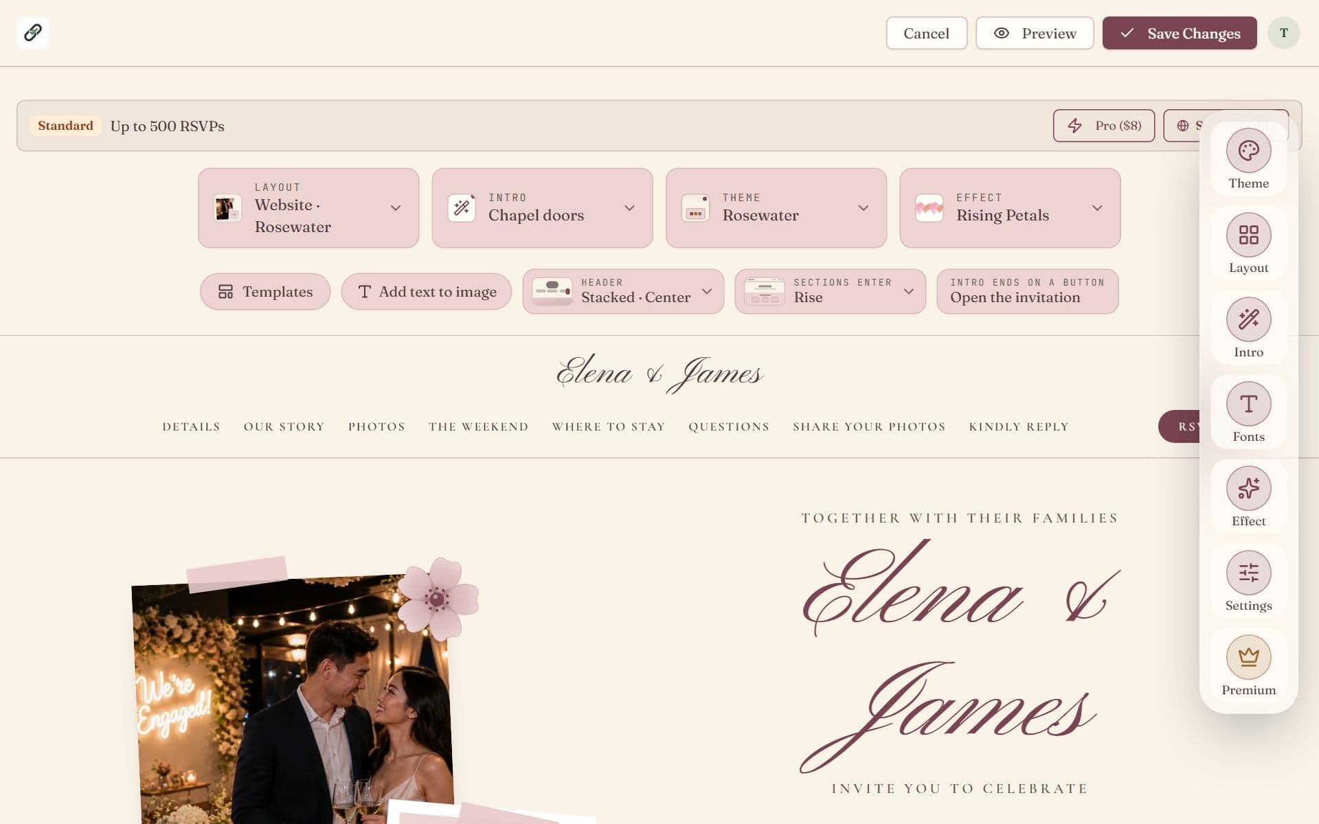 The RSVPlinks editor on a Rosewater wedding website, with the Layout, Header, Sections enter and intro button controls above the site's header