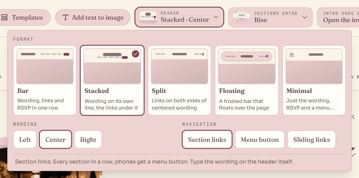 The Header control open in the website editor, with five header formats, wording positions and navigation choices