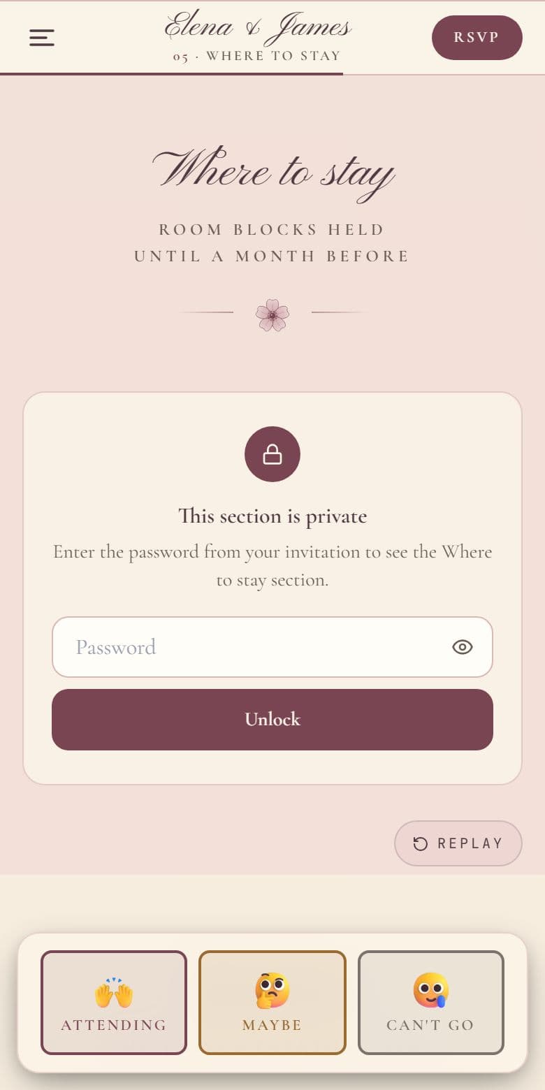 A locked Where to stay section on a wedding website on a phone: the heading, then a This section is private card with a password box and an Unlock button