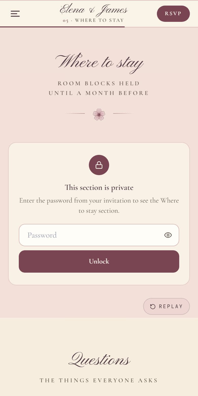 A locked Where to stay section on a wedding website on a phone: the heading, then a This section is private card with a password box and an Unlock button