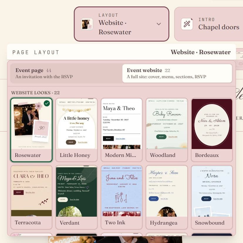 The Layout picker in the RSVPlinks editor open on its Event website tab, showing a grid of website looks with Rosewater selected