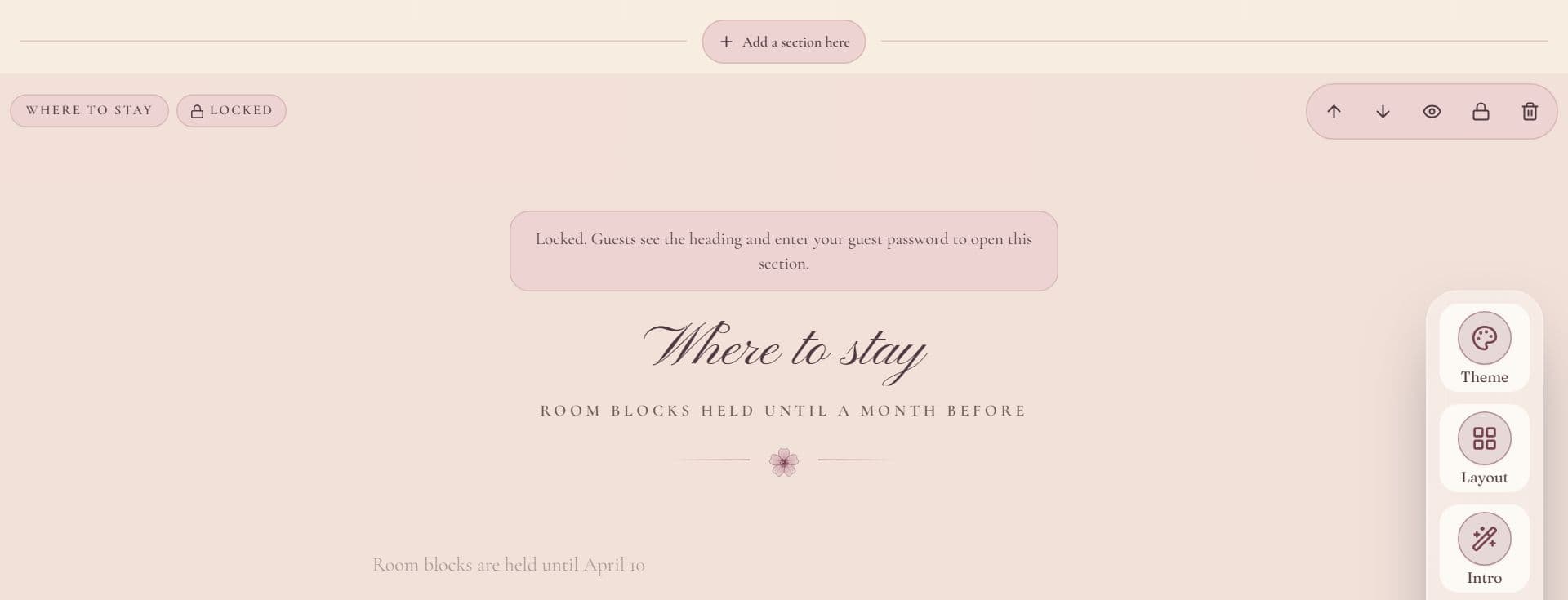 A Where to stay section in the website editor, with an Add a section here button above it, its control bar and a Locked label