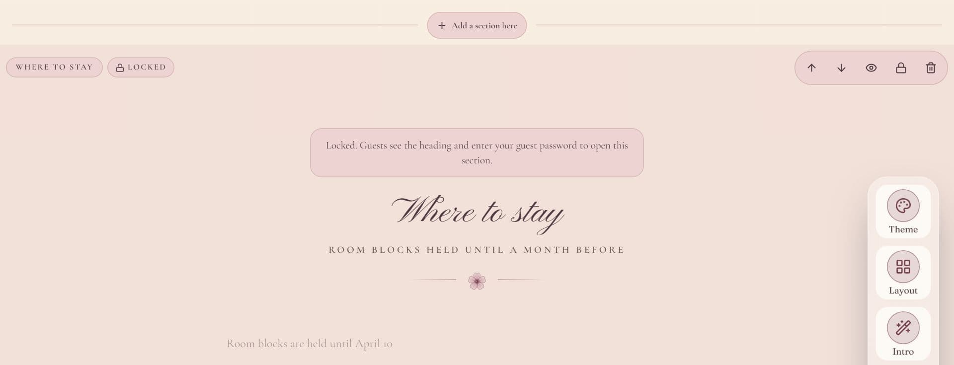 A Where to stay section in the website editor, with an Add a section here button above it, its control bar and a Locked label