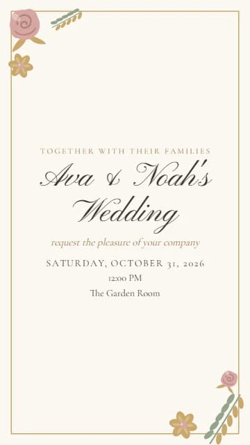 Wedding invitation in script with rose corners